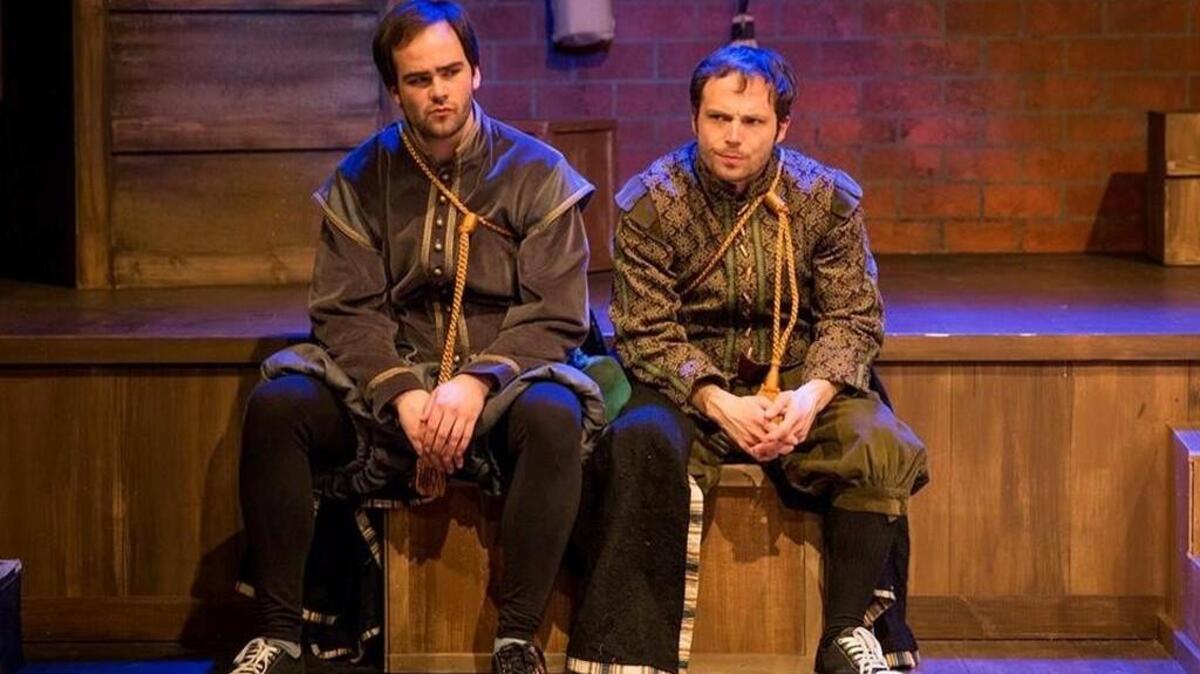 Frank Roberts, left, as Rosencrantz and Paul Richter as Guildenstern perform in the Lakewood Playhouse performance of “Rosencrantz & Guildenstern are Dead.”