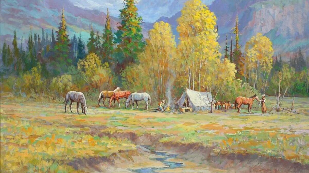 Fred Oldfield’s “Cow Camp at McCormick Meadows” from Tacoma Art Museum’s “Northwest Cowboys in Art.”