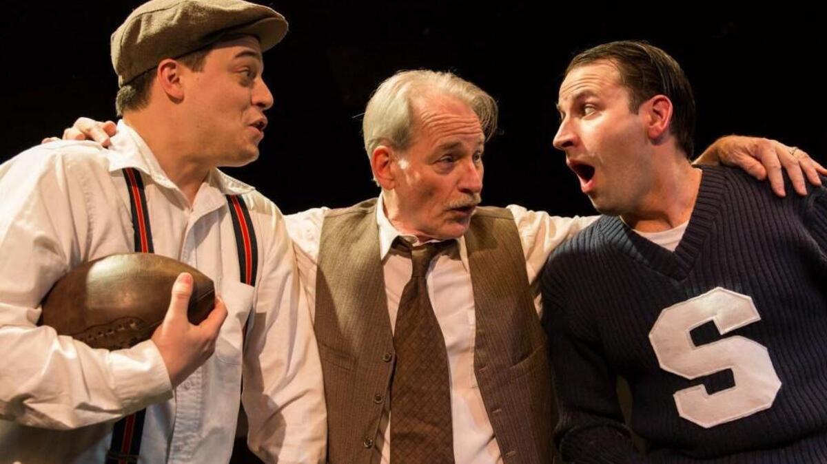 Gabe Hacker, from left, as Happy, Joseph Grant as Willie and Tim Samland as Biff in Lakewood Playhouse’s current production of “Death of a Salesman.”