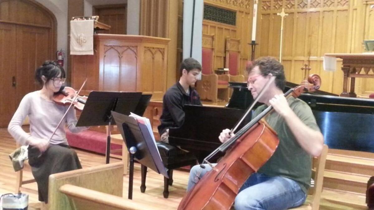 
Violinist Janet Utterback-Peck, cellist Brad Hawkins and piano student Ben David rehearse for the upcoming Joy of Piano Trios festival.
