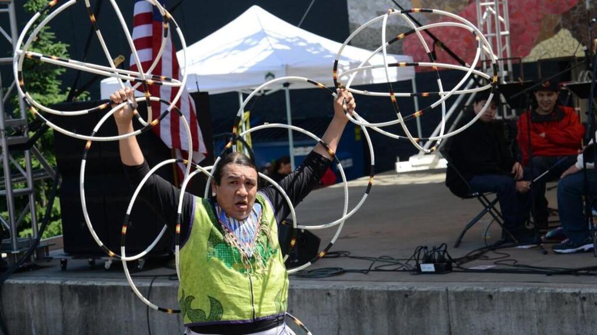 A hoop dancer at last year’s WONL powwow at Northwest Folklife Festival.