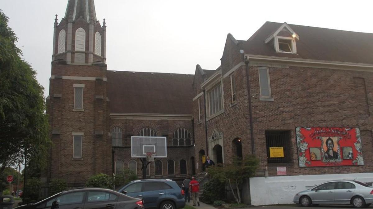 Parents drop off their child at new Tacoma Musical Playhouse venue The Spire (formerly Epworth LeSourd Methodist Church) for a theater camp.