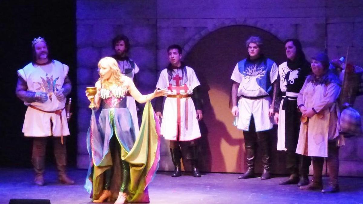 Trista Duval as the Lady of the Lake and the cast of “Spamalot” at Tacoma Musical Playhouse.