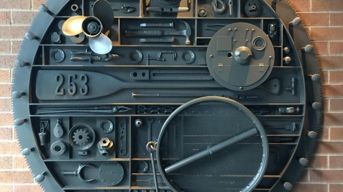 Matthew Olds’ “Untitled,” in the Stadium District Starbucks in Tacoma, is made from materials found locally and at the nearby Starbucks roasting and parts facilities.
