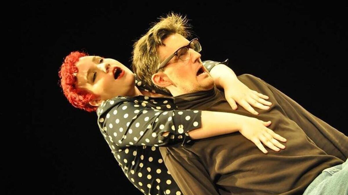 Jodie Chapin, left, plays Adriana and Ben Stahl is Antipholus in the Lakewood Playhouse production of “A Comedy of Errors.”