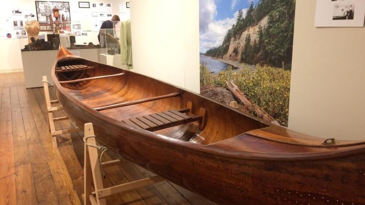 A Willits canoe is part of the exhibit “Arts and Artifacts” at the Harbor History Museum.