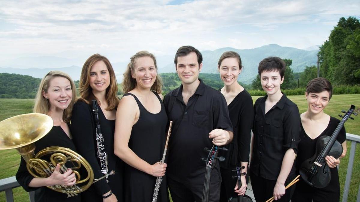 Members of Music in the American Wild will play classical music in Washington National Parks this month. From left: Lauren Becker, horn; Ellen Breakfield-Glick, clarinet; Emlyn Johnson, flute; Daniel Ketter, cello; Emily Sheil, viola; Colleen Bernstein, percussion and Hanna Hurwitz, violin.
