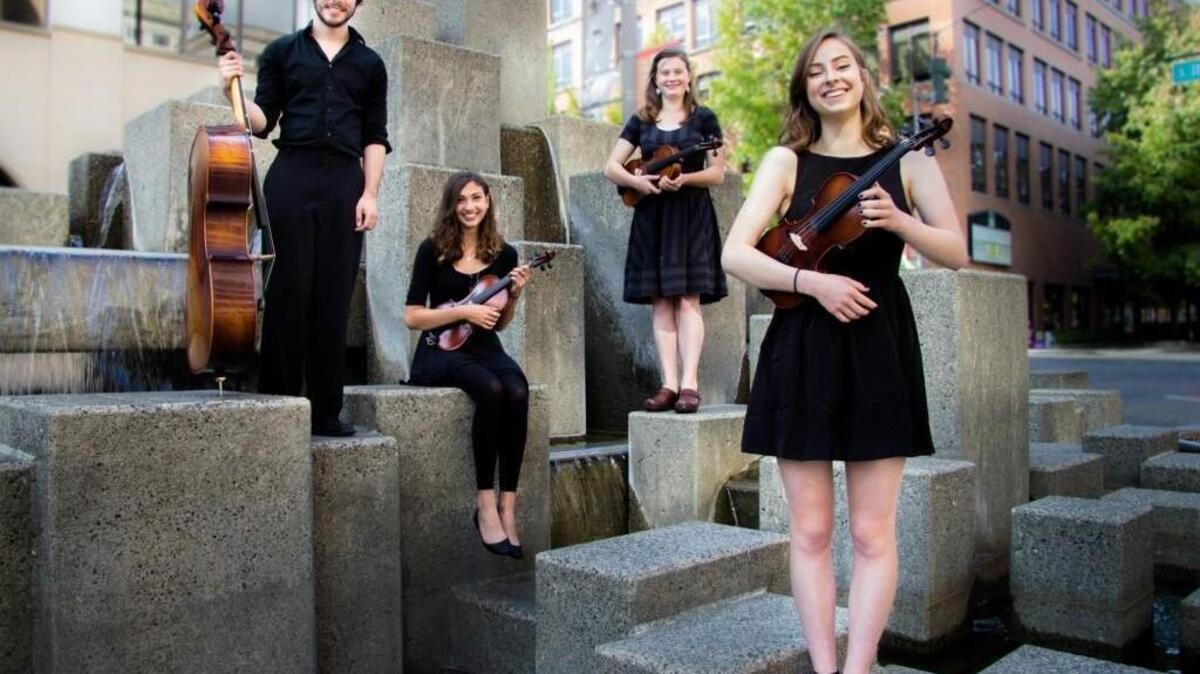 
The SOTA string quartet, from left: Julian Bennett, cello; Madeline Meek, violin 1; Abbie Foulon, viola; Emily Hutchinson, violin 2.
