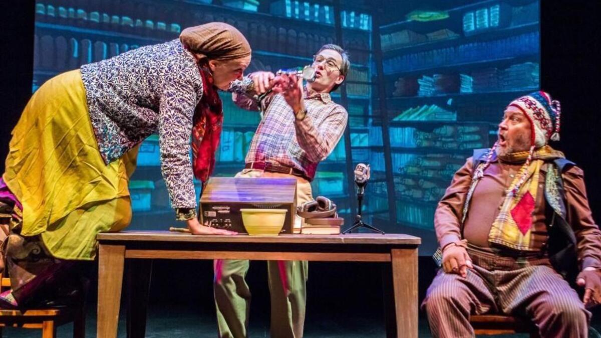Pat Sibley as Alta, from left, Aaron Lamb as George, and Russ Holm as Resten perform in the Harlequin Productions play “The Language Archive.”