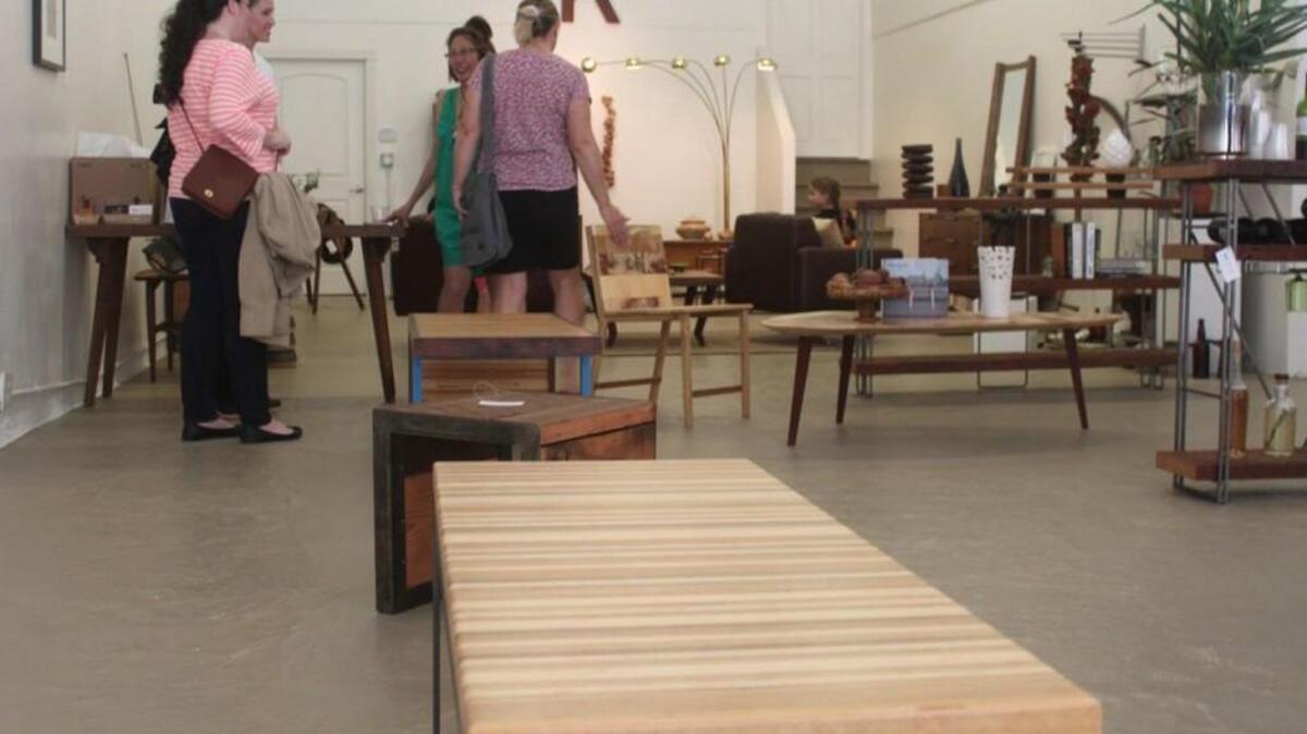 Opening day (May 1) at the new Matter gallery, which showcases work like this plywood inlay bench by Steve Lawler.
