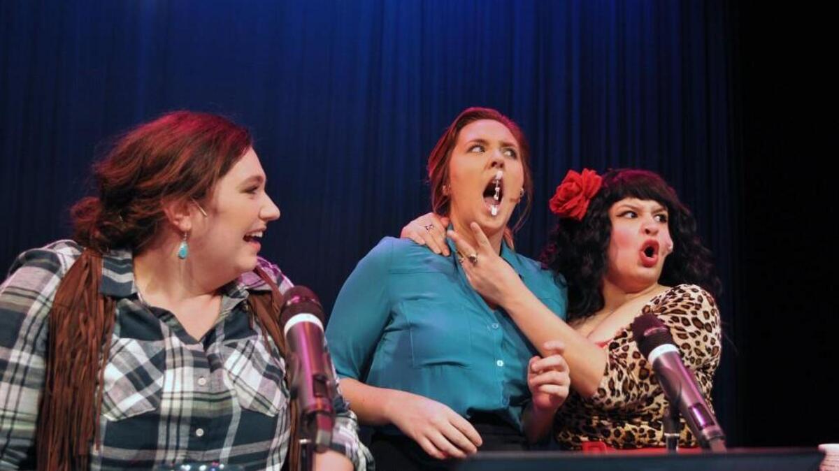 Cass Neumann as Barbara, from left, Jorie Jones as Janice and Tiffany Chancey as Dr. Lauda perform in “Dishing with the Divas” at Centerstage at Knutzen Family Theatre in Federal Way.