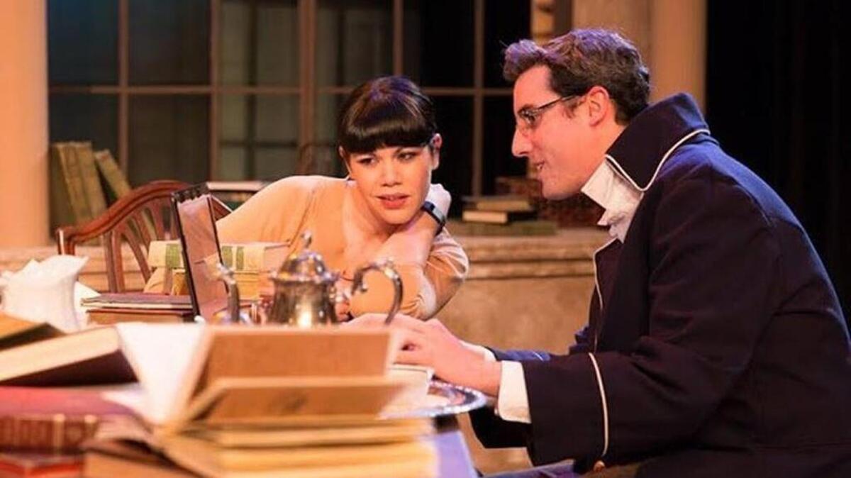 Deya Ozburn, left, as Hannah Jarvis and Jacob Tice as Valentine Coverly perform in “Arcadia” at the Lakewood Playhouse.