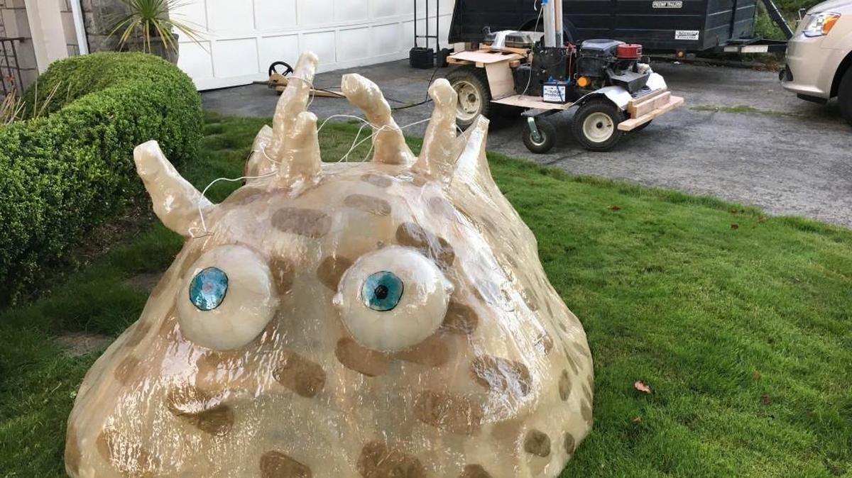 This fiberglass shell was made by Steve LaBerge to fit over a customized riding lawnmower as part of a sculptural vehicle for Burning Man 2016.