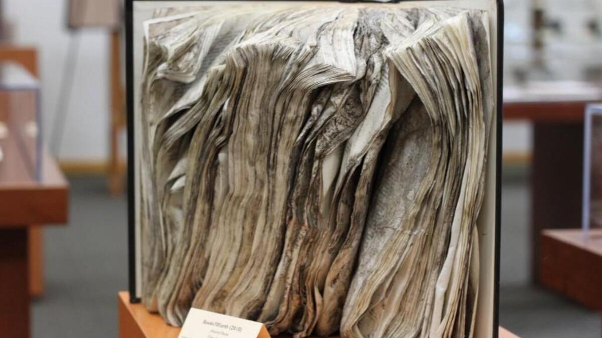 
Imari Nacht, “Books70Earth” in the exhibit “Dirt” at the Collins Library, University of Puget Sound.
