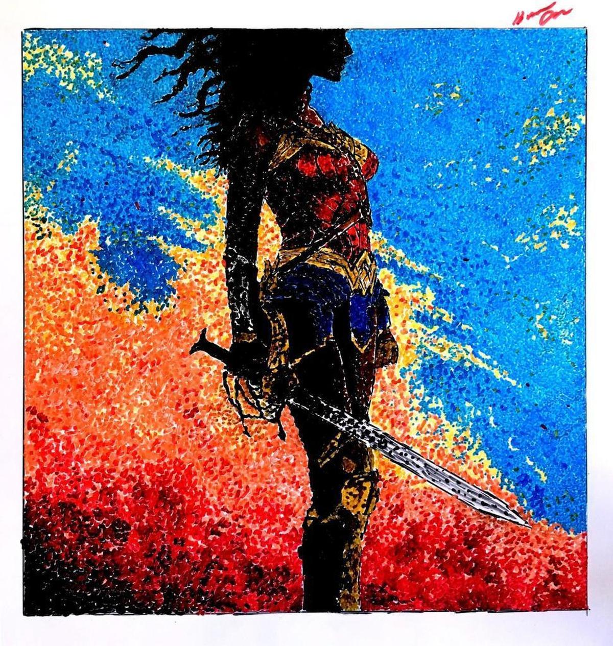 “Wonder Woman” by Brandon Doak. Doak, 20, has made a name for himself at Western Washington University with his dry-erase pointillism art. His white board art takes hour to created and only seconds to erase. His art has adorned dozens of whiteboards on campus.