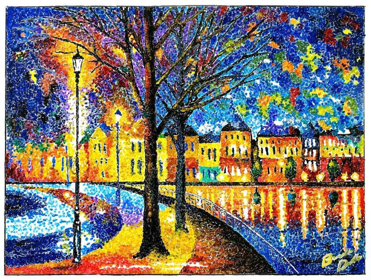 “Midnight Waterfront” by Brandon Doak. Doak, 20, has made a name for himself at Western Washington University with his dry-erase pointillism art. His white board art takes hour to created and only seconds to erase. His art has adorned dozens of whiteboards on campus.