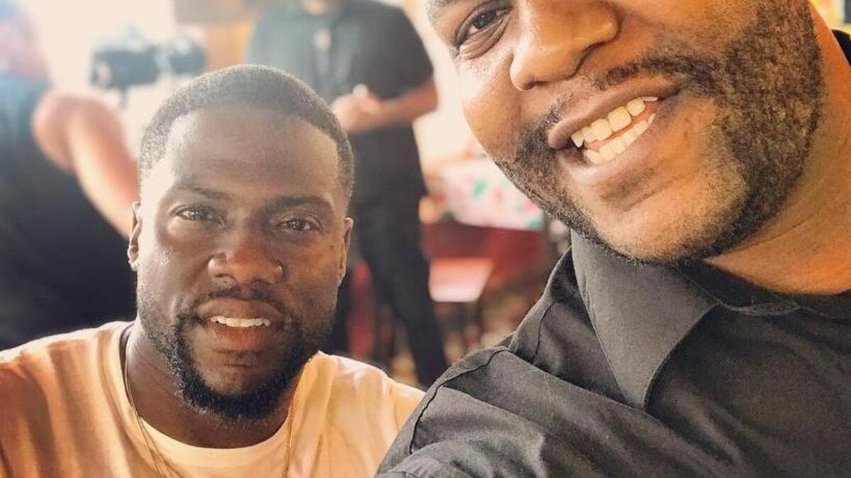 Comics Kevin Hart, left, and Nate Jackson inside Southern Kitchen Restaurant in Tacoma to film Hart’s Comedy Central show, “Hart of the City.”