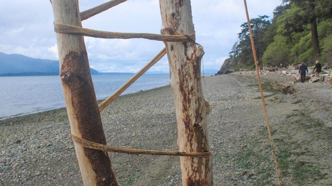 A couple walk their dog on the beach behind the church on Lummi Island, where locals have erected a driftwood sculpture.