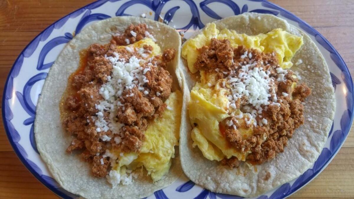 Chorizo and scrambled egg breakfast tacos.