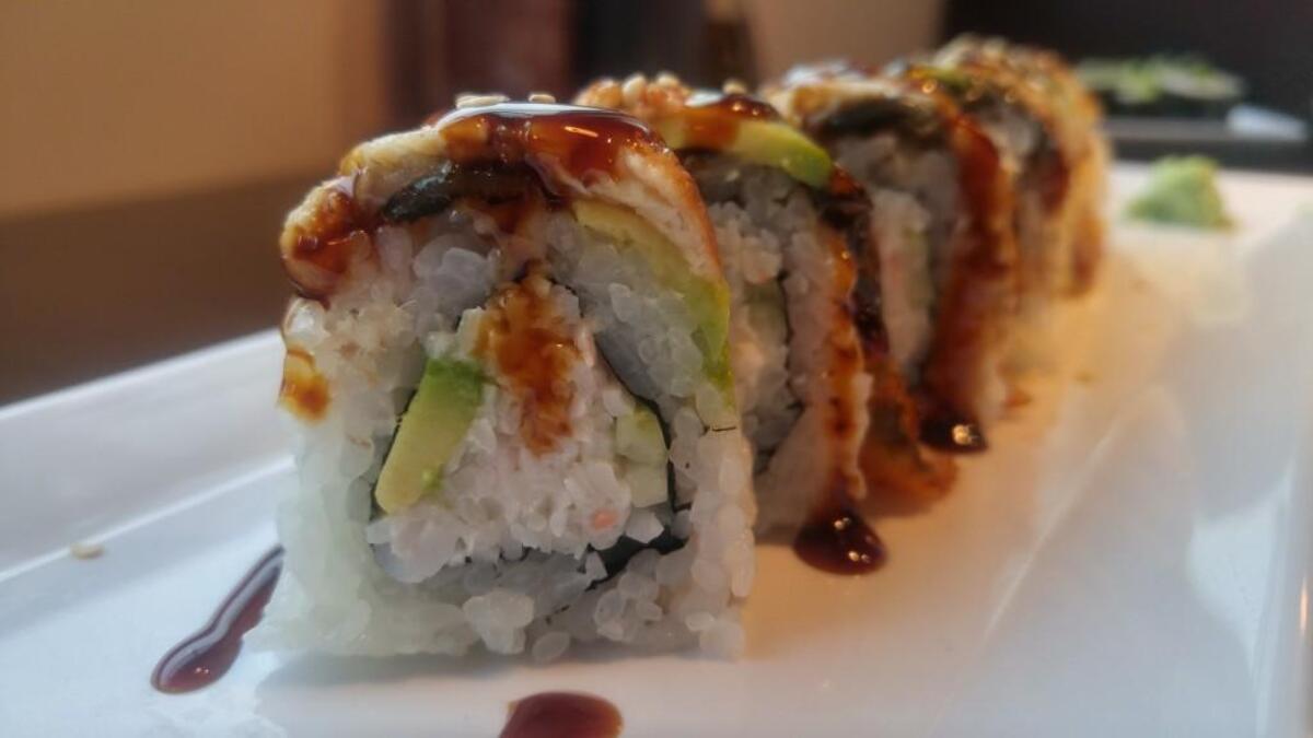 A dragon roll with unagi (eel) at Happy Teriyaki in Lakewood.