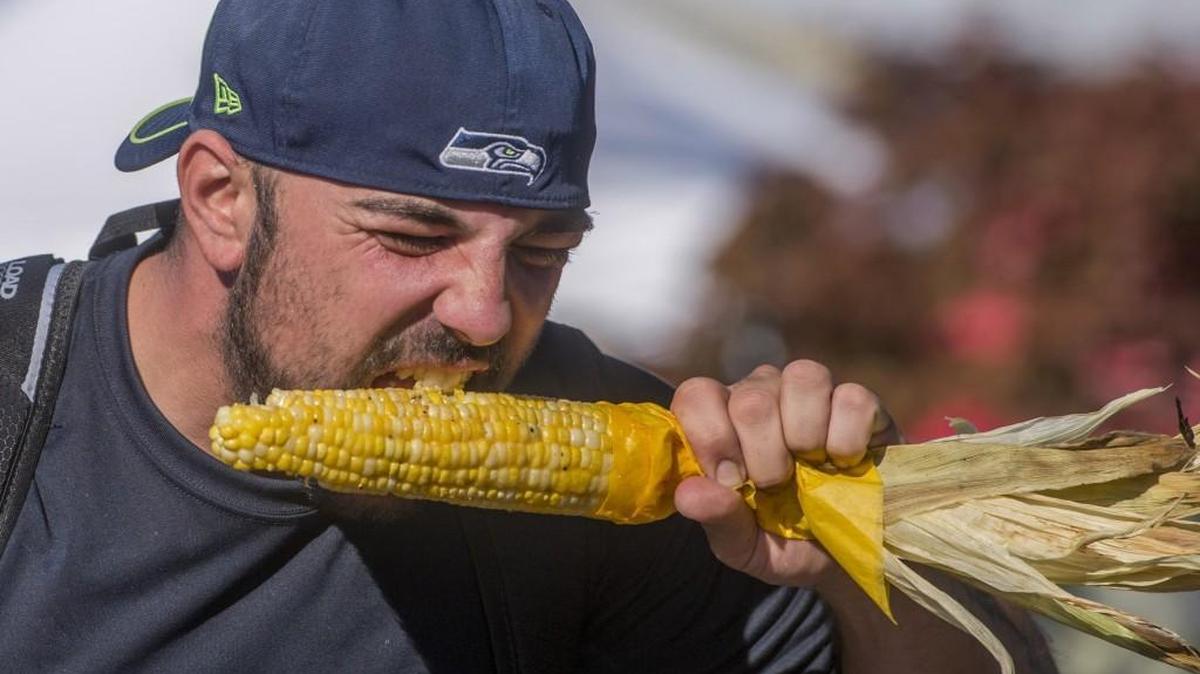Vince Porreca of Puyallup chows down on roasted corn on the last day of the 2015 Washington State Fair in Puyallup.