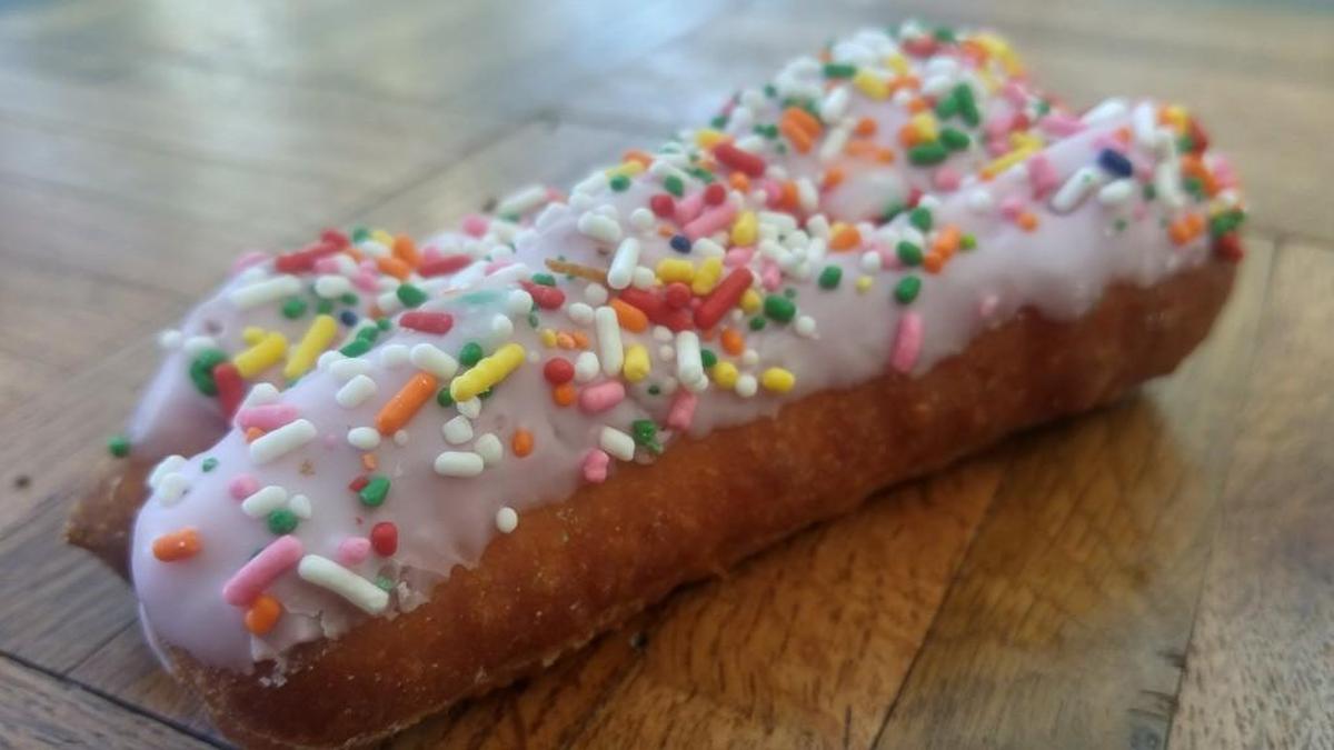 A frosted and sprinkle coated buttermilk bar from Luke’s Donuts in South Hill.
