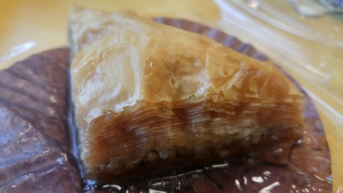 A baklava, a sweet dessert soaked in honey syrup from D’Lara Mediterranean Grill.