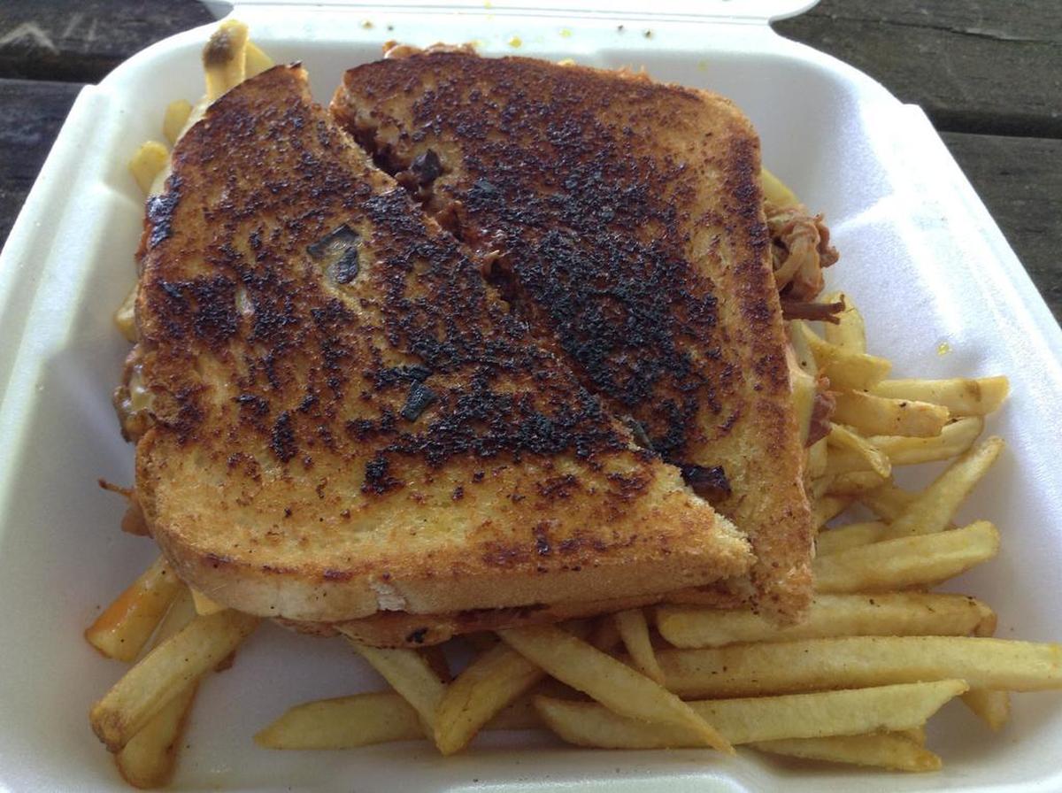 A grilled cheese sandwich with pulled pork from the Hamhock Jones Soul Shake food truck.