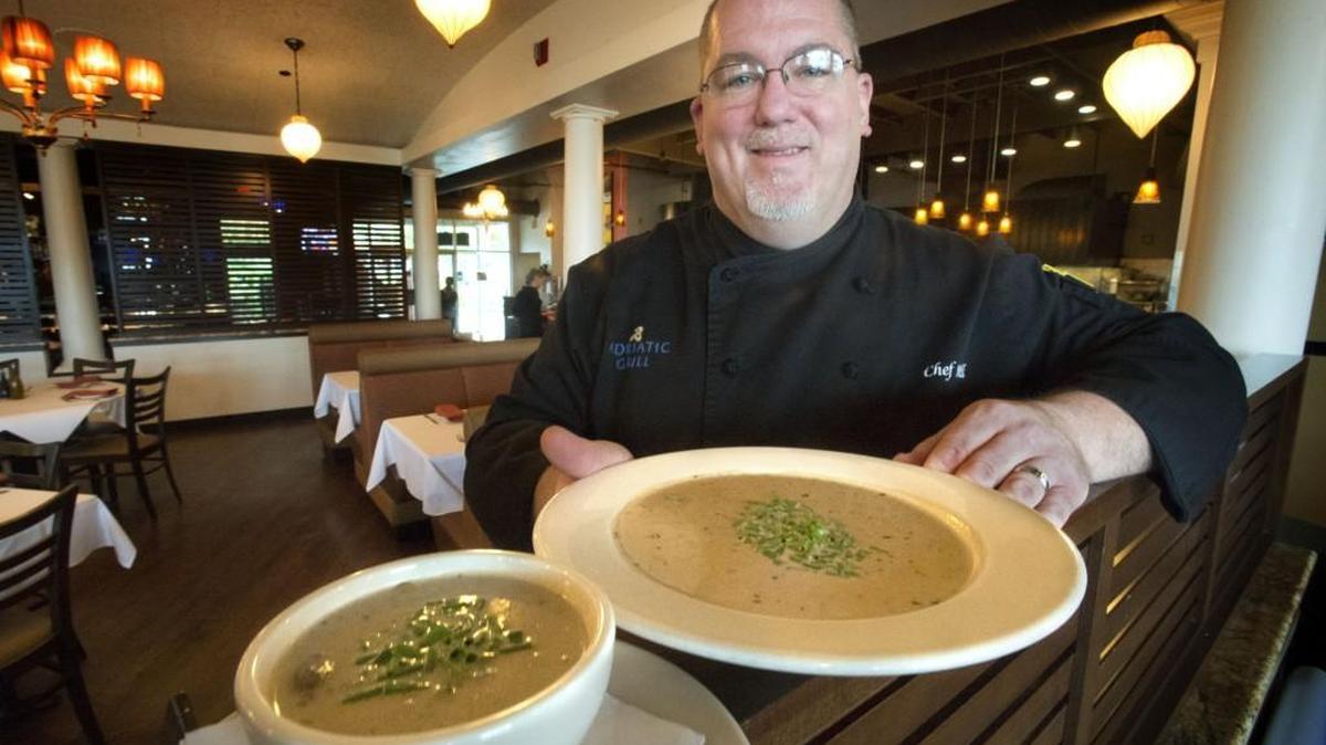 Chef Bill Trudnowski with mushroom soup at Adriatic Grill.