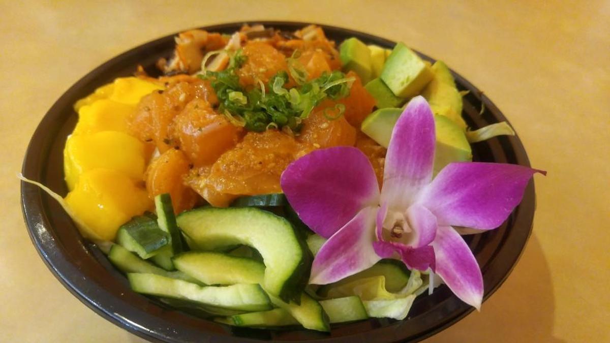 A salmon poke bowl from Happy Teriyaki #4 in downtown Tacoma.