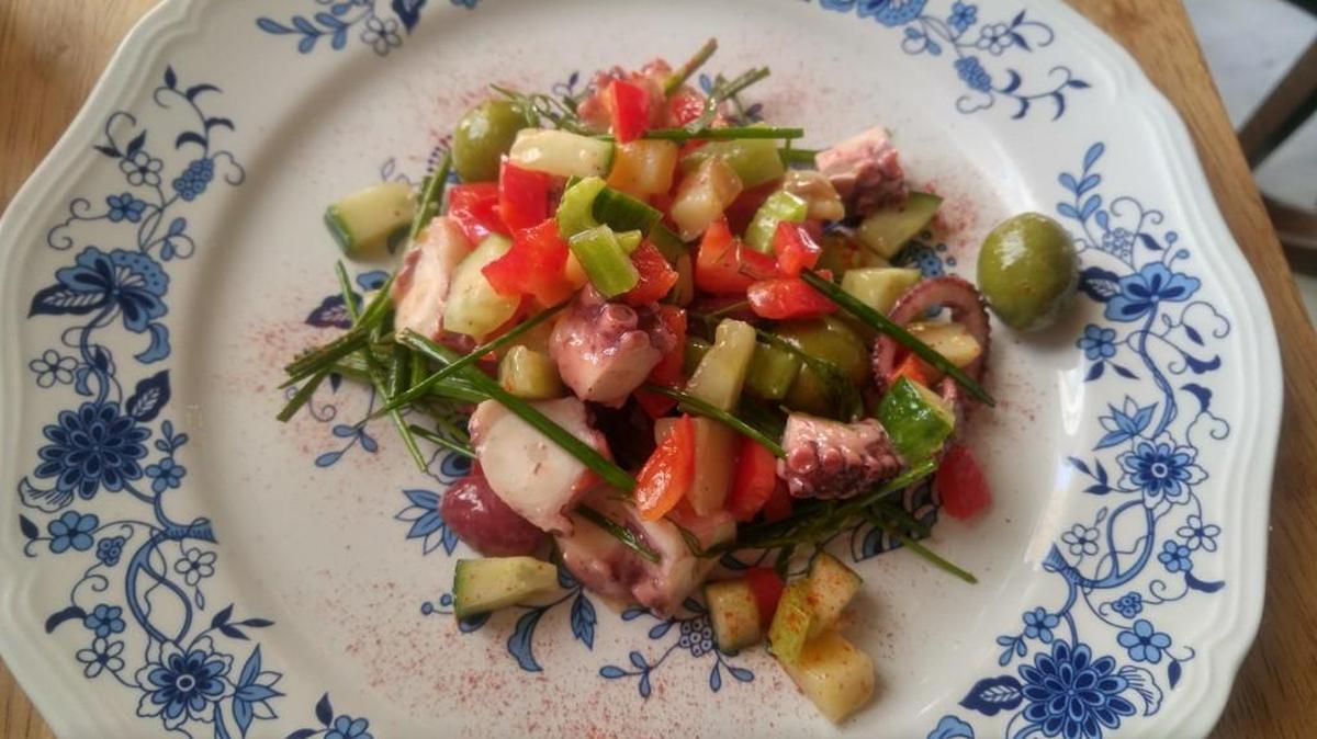 The chilled octopus salad from the fruits of the sea menu at Gertie and the Giant Octopus, a newly opened 24-seat restaurant in Gig Harbor.