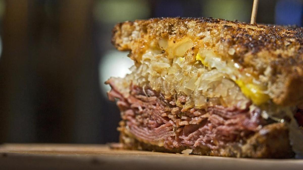 “The Andres,” a pastrami Reuben sandwich at Foley’s on the Green at the Meadowdale Golf Course. It is named after Andres Gonzales, who holds the course record. The sandwich is on hold as the restaurant remodels. It expects to reopen in December.