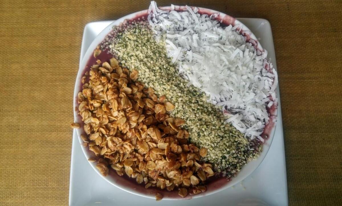 The MarKee acai bowl comes topped with granola, hemp hearts and coconut.