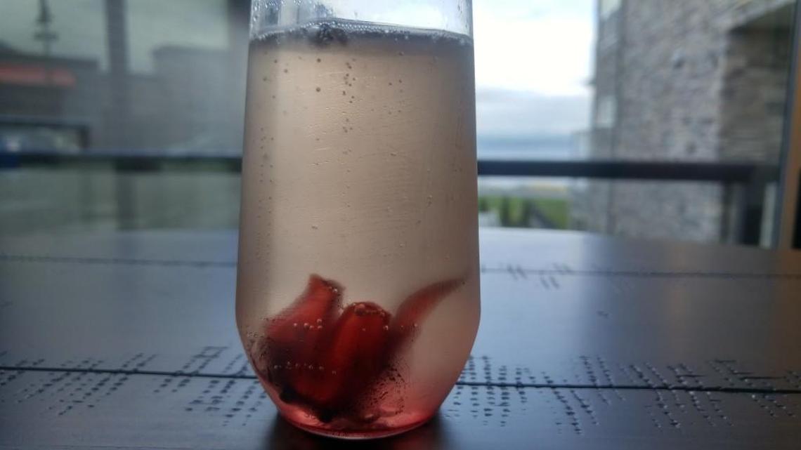 A sparkling wine cocktail made with a hibiscus flower soaked in rose syrup. It’s one of 16 sparkling wine cocktails at The Blue Octopus at the Point Ruston development.