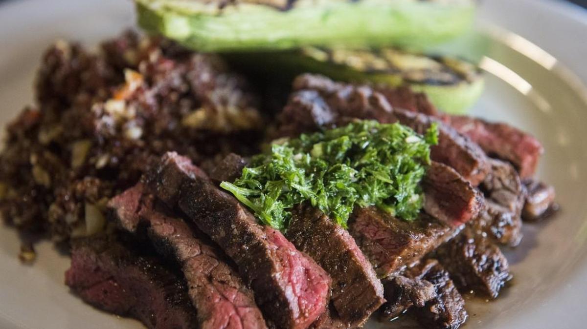 Carne Asada with garlic and roasted red pepper quinoa and grilled squash at Carne Aqui in Parkland.