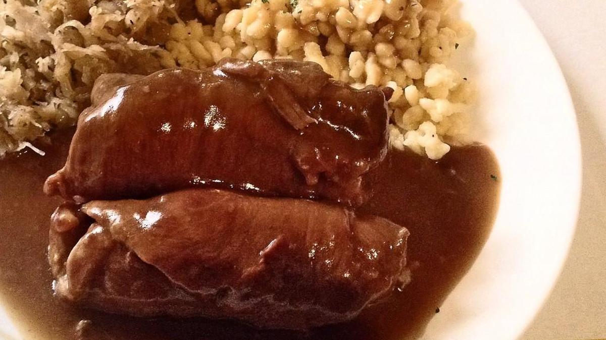 Pork roast, or schweinebraten, comes with a helping of gravy, potato dumplings and sauerkraut at Bruno’s European Restaurant, which relocated to a new home in Lakewood in late November.