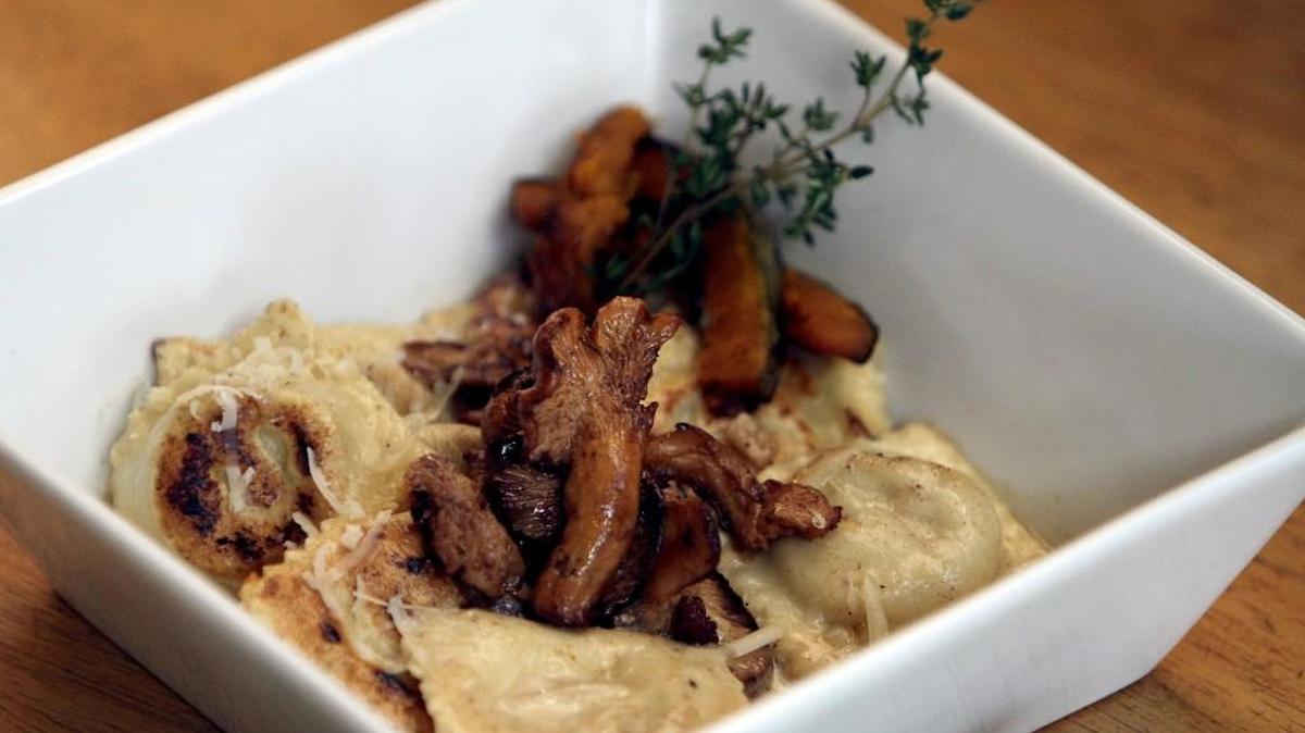 A pumpkin ravioli with sauteed chanterettes was among the many speciality pastas available at Arista Pasta in Puyallup.