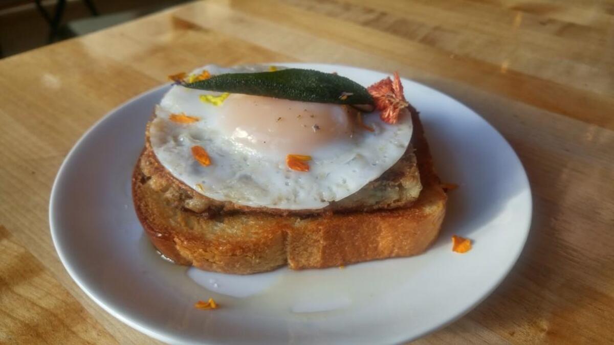 Pig head scrapple with a fried duck egg from Honey Coffee + Kitchen in Tacoma.