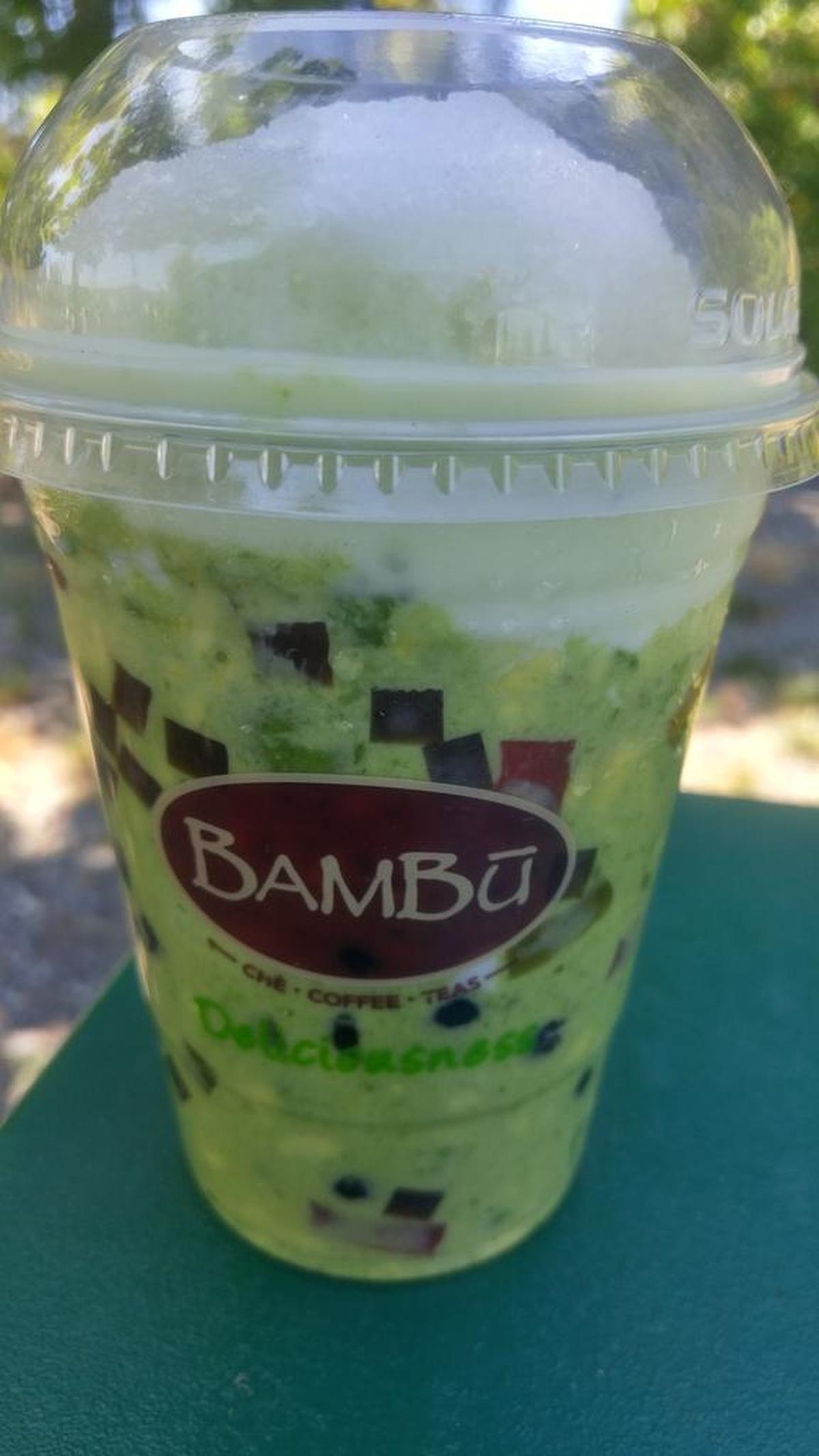 A smashed-avocado chè had a thick, smoothie texture. The jellies look like mosaic artwork inside the plastic cup.