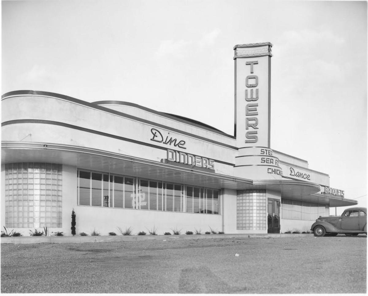 The Towers, at 6805 Sixth Avenue, had been open for less then a month when this photograph was taken in January 1947. The Towers featured dancing to the music of the Sky Lighters in its circular Rainbow Room, and the Rose Room could be booked for private parties and banquets. Owned and managed by the Radonich family, the Towers went out of business in the late 1960s. After extensive remodeling, it reopened in 1971 as the Empress Gardens Restaurant.