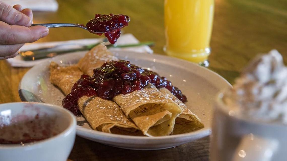 Housemade crepes with lingonberries at The Harvester in Tacoma, March 3, 2018. The diner, serving the Stadium District since 1930 (for the first 40 years as Scotty’s), closed permanently on May 31.