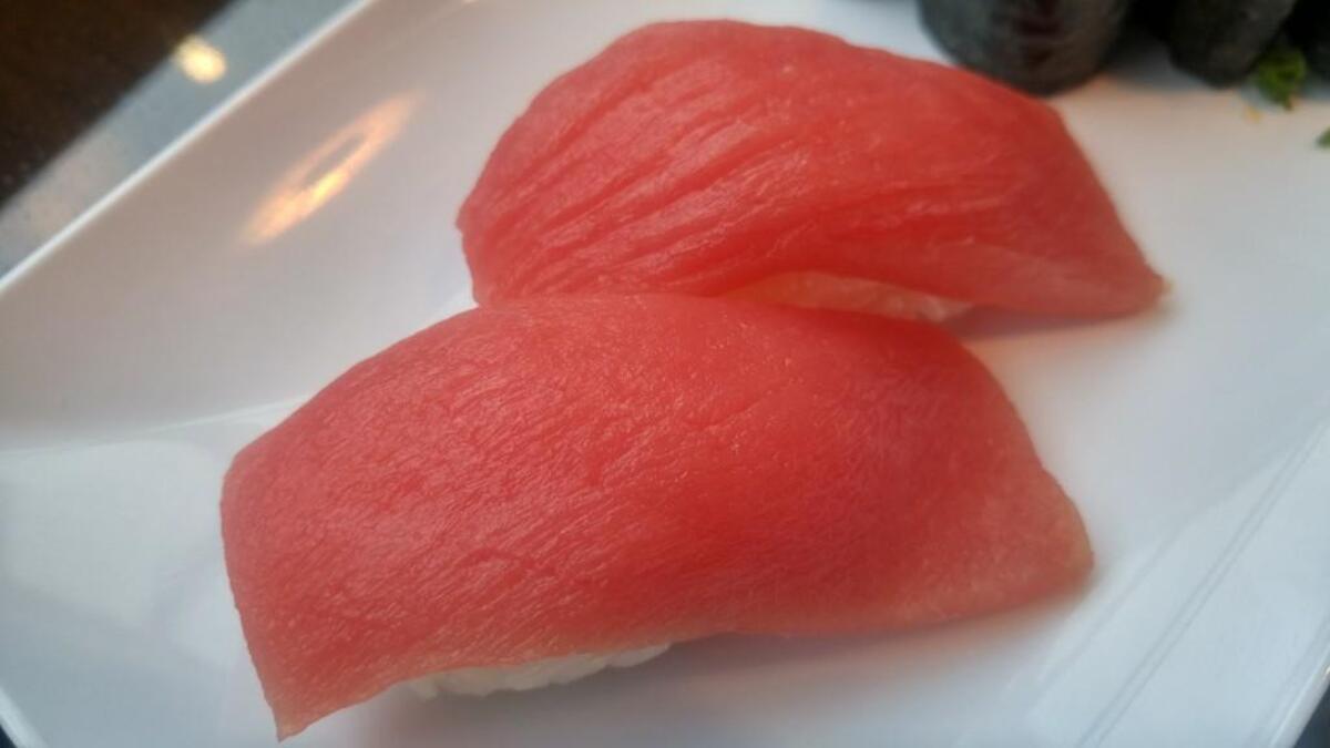 An order of tuna nigiri at Happy Teriyaki in Lakewood.