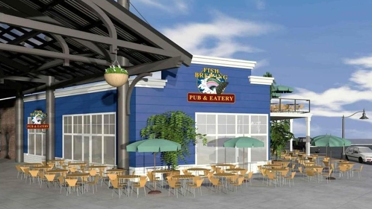 Fish Brewing Company plans to open its pub and eatery Dec. 15 at Point Ruston. The artist’s rendering shows the outdoor seating area, which will be able to hold about 150 diners. The upstairs deck has a stunning water view.