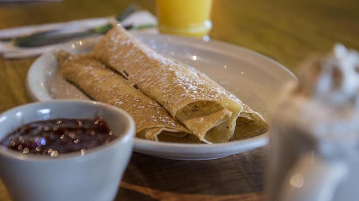 “Housemade Crepes” served with lingonberries at Harvester Restaurant in Tacoma, March 3, 2018.