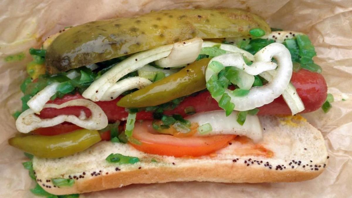 A Chicago dog made with Vienna sausage, neon relish and sport peppers. The dog comes from Hometown Dogs, a Lakewood-based truck.