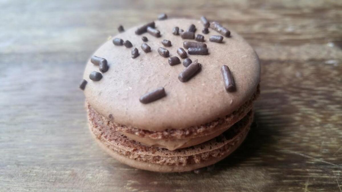 A macaron from La Waffletz and Macaron Station in Tacoma’s Freighthouse Square.