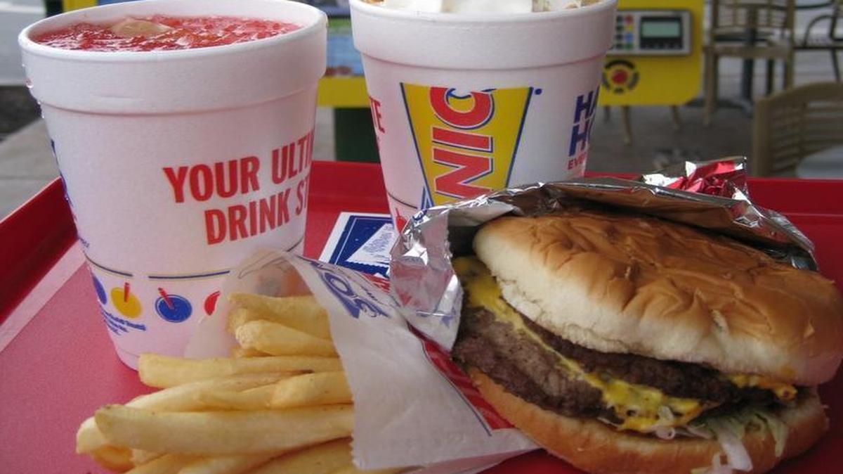 This meal, served at the Sonic drive-in in Vancouver, Wash., includes a Cherry Limeade, banana-cream milkshake, french fries and a SuperSONIC cheeseburger.
