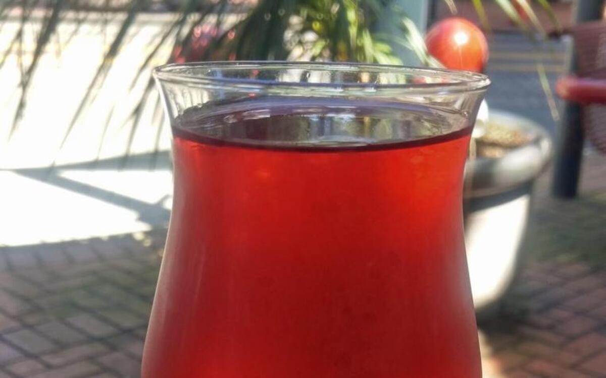 Sunset in the Meadow, a blend of lemongrass, ginger and hibiscus, is served as a cold-brewed concoction at Mad Hat Tea in Tacoma.