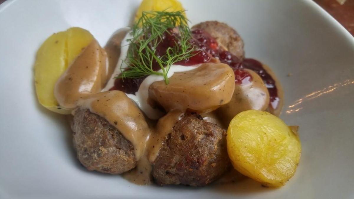 Beef-and-pork meatballs with Yukon gold potatoes and a rich gravy at 208 Garfield.