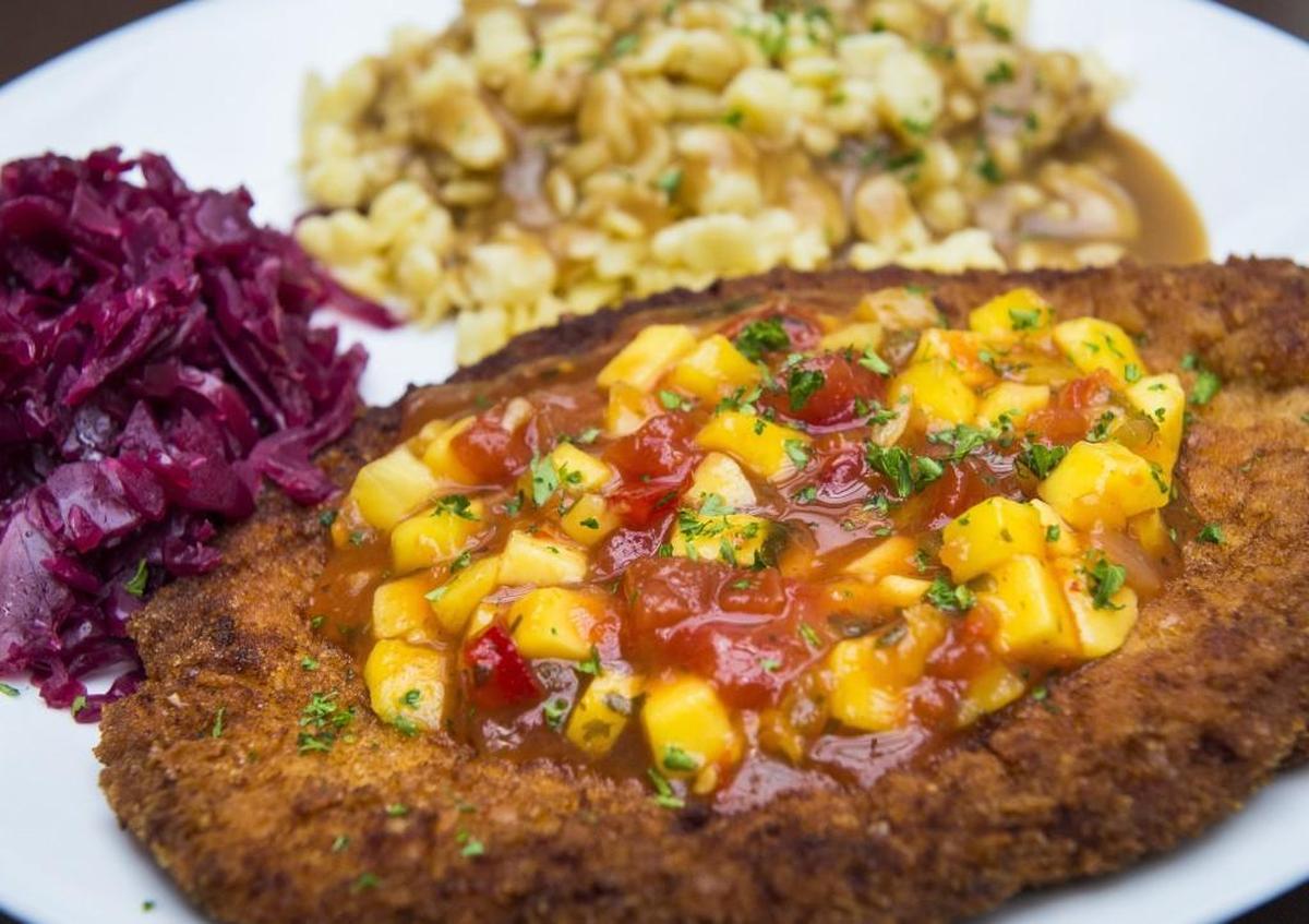 The schnitzel sunshine with spaetzle and red cabbage at Bruno’s European Restaurant in Lakewood.